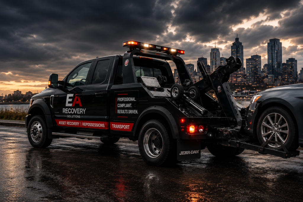 EA Recovery Solutions tow truck transporting a vehicle